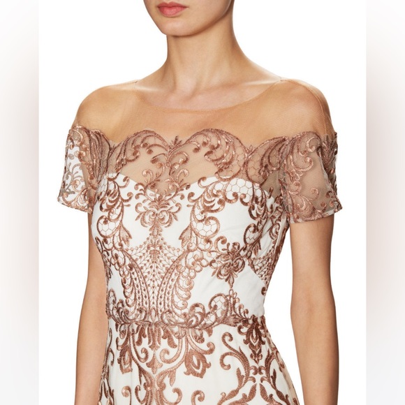 Marchesa Notte Prom Gown Embroidered Lace Formal Cream & Gold Maxi Dress 6 NWT - Picture 3 of 16